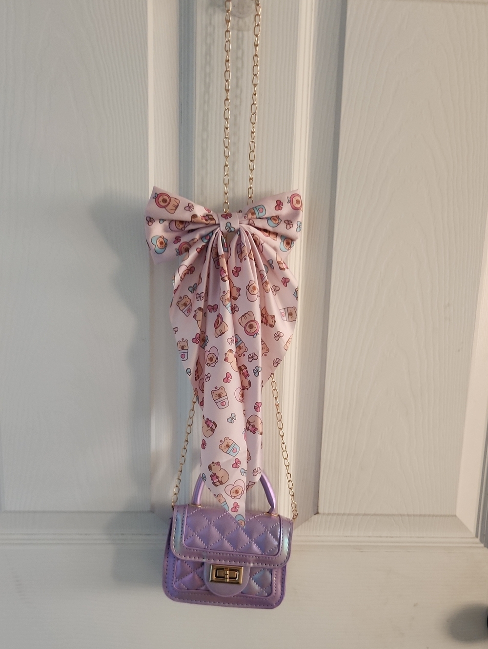 Lilac Quilted Kids Crossbody Bag with Playful Pink Bow Scarf